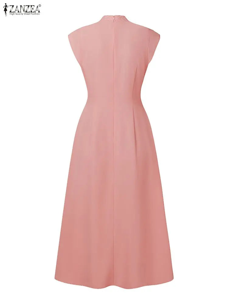ZANZEA Elegant Women's Wedding Guest Party Midi Dress Embroidered Mesh Patchwork Stand Collar Cap Sleeve Dresses Woman Clothes