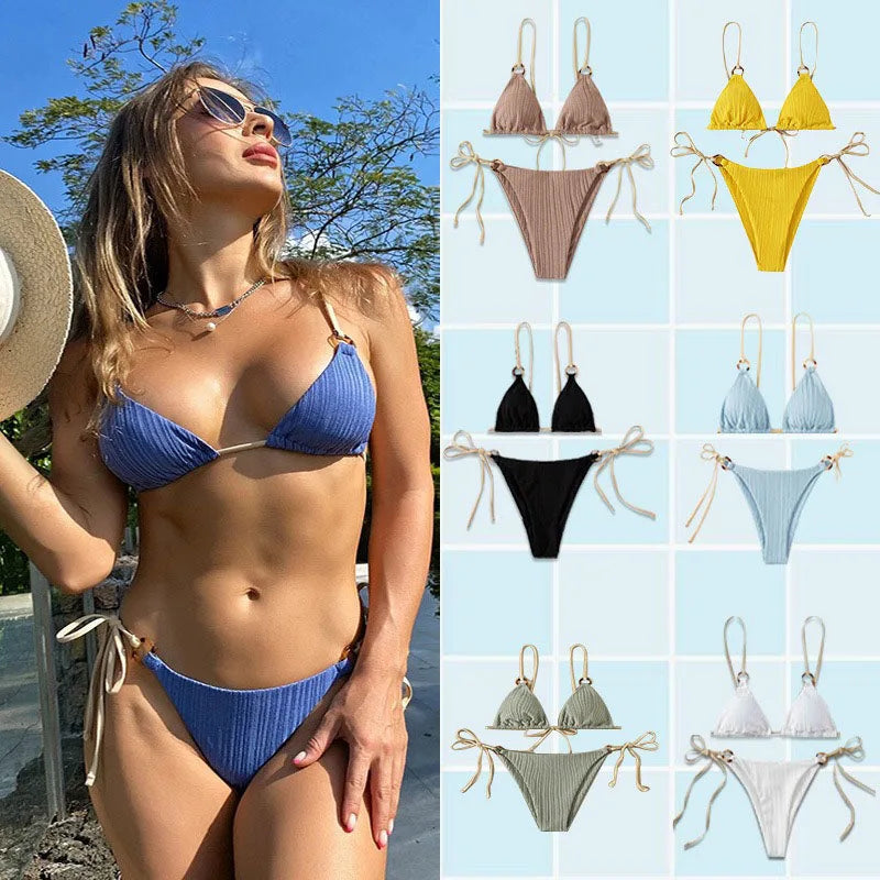 Solid Split Swimsuit Women Two Piece Beachwear Triangle High Cut Thong Bikini Push Up Summer 2026 New Sexy Bandage Bathing Suit