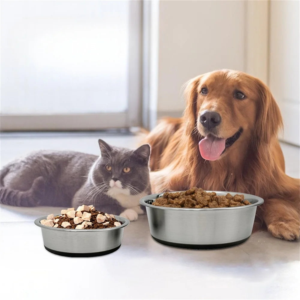 Stainless steel dog bowl, three sizes, with silicone anti slip bottom, durable dog bowl, suitable for small, medium and large