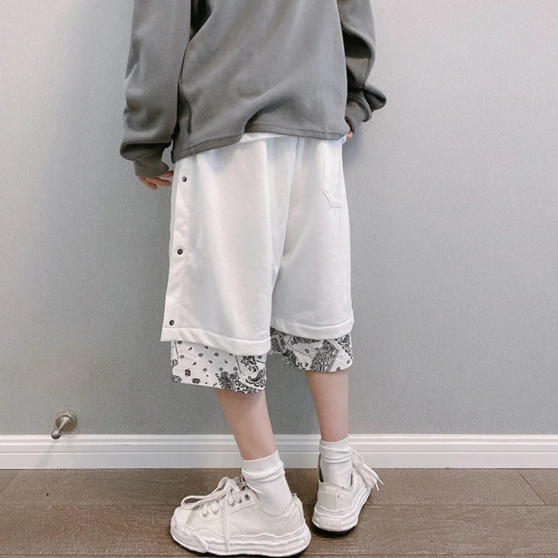 Men's Faux 2 Layer Breasted Bandana Shorts Spring Summer High Street Pants Oversize Paisley Harajuku Hip Hop Trousers 2025 Z1