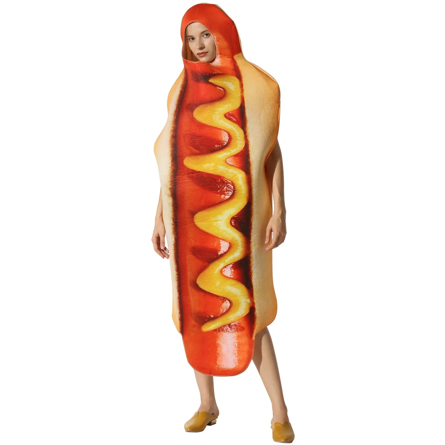 Halloween party costume, hot dog cosplay attire, stage performance outfit, one-piece dress, performance outfit