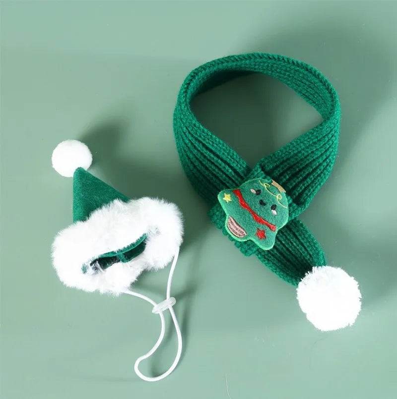 Christmas Cat Dog Scarf Hat Pet Wool Scarf Snowflake Ball Knitted Red and Green Bell Snowman Tree Cat Accessories