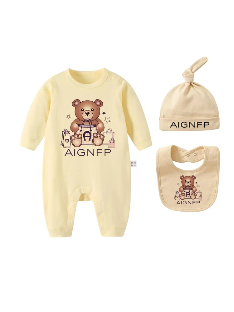 Cute Bear Jumpsuit Newborns Autumn Clothes 2025 Hot Sale New Soft Bib scarf Hat Toddler Romper Sets Baby Long sleeves Bodysuits