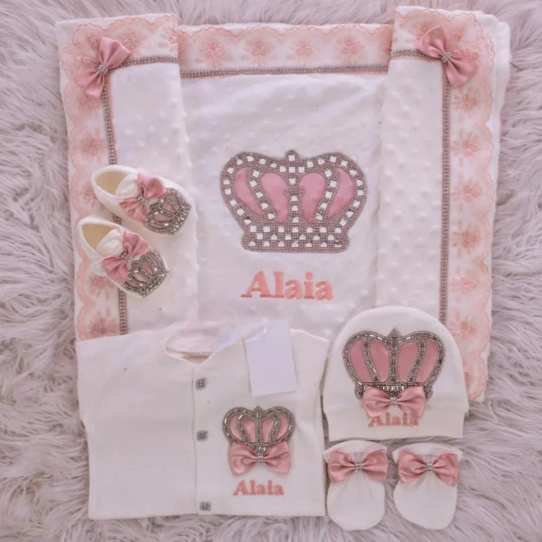 5pcs Newborn Baby Embroidery Lace Romper Outfit Clothing Cotton Infant Wrapped Baby Products Pants Mittens Receiving Blanket