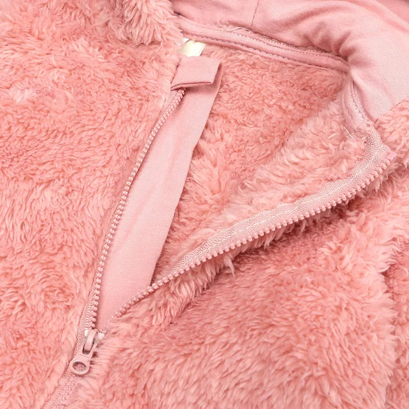 2025 Warm Footed Baby Romper Zipper Closure Fall Newborn Bear Ear Hooded Fuzzy Onesie Outfit Infant Boys Girls 100 Days Jumpsuit