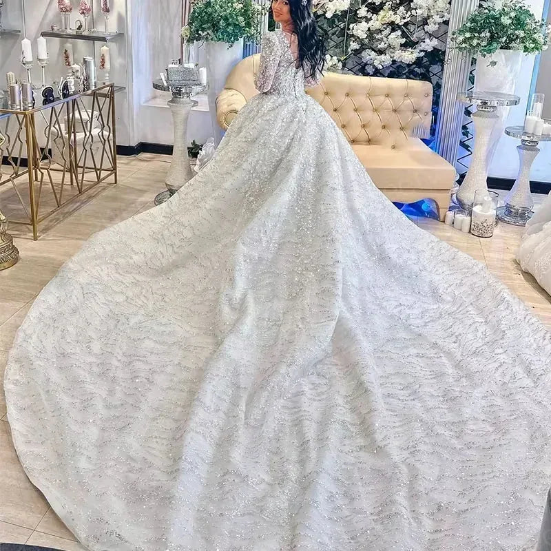 Gwn&Gce 2026 Lace Sequins Customized Beaded Wedding Dresses Ball Gown V Neck Full sleeve Bridal Dress Lace Up Vestidos De Novia