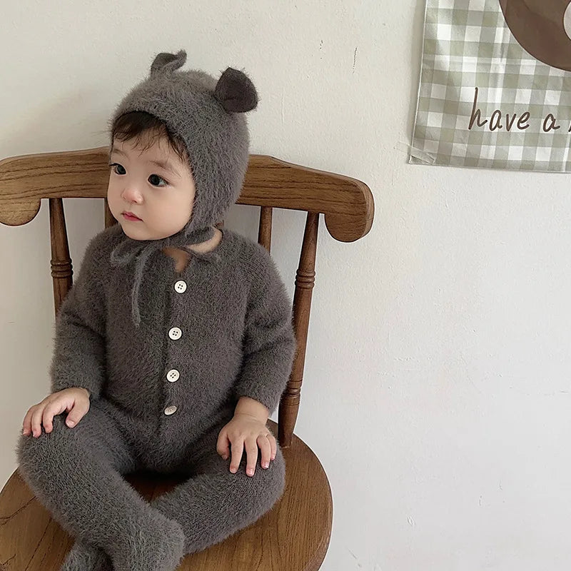 Newborn Baby Mink Fur Romper with Hood Cute Bear Animal Ear Footed Onesie Winter Warm Jumpsuit for 0-2 Years