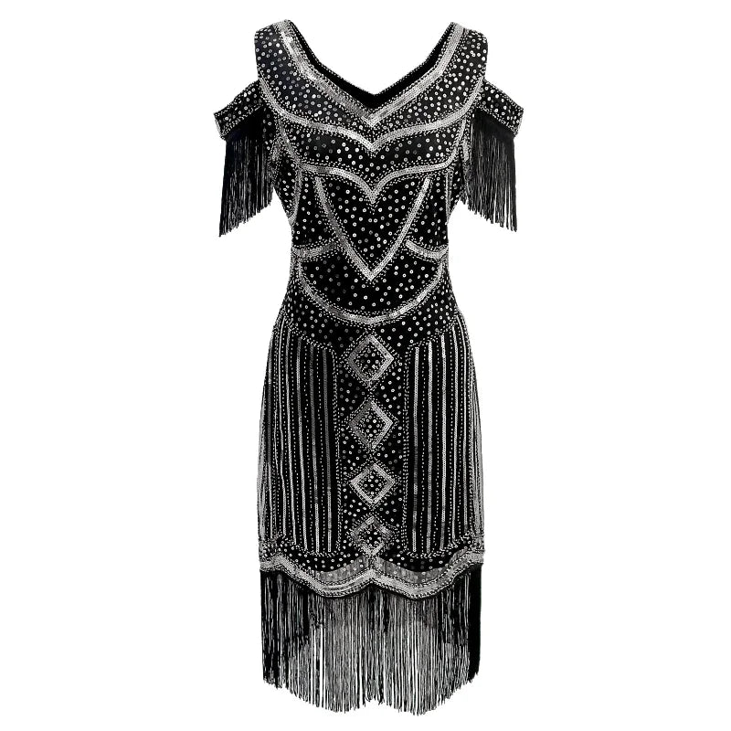 Women Fringe 1920s Flapper Dress 20s Gatsby Themed Party Dress Vintage V-neck Off Shoulder Sequin Beaded Cocktail Dress
