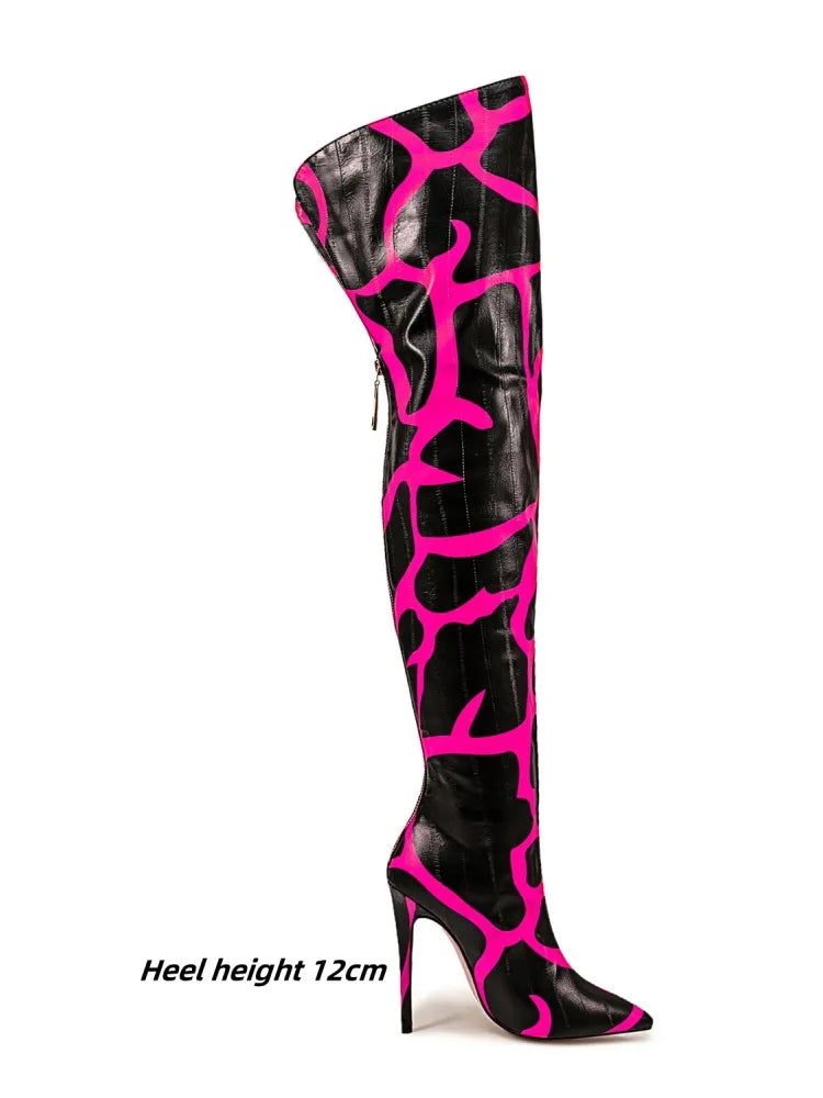 2024 Women's Euro-American Zebra Print Over-the-Knee Boots - Paneled Pointed-Toe Back-Zipper Stiletto, Plus Size Fashion Chic