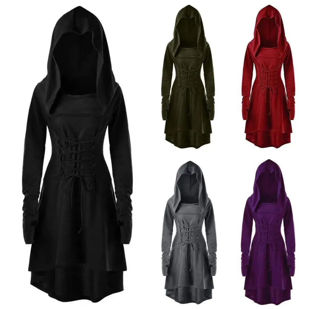 Women Milk Silk Dress Hooded Long Sleeves Lace-up Strap Slim Waist Irregular Hem Women Midi Dress Festival Party Halloween Dress