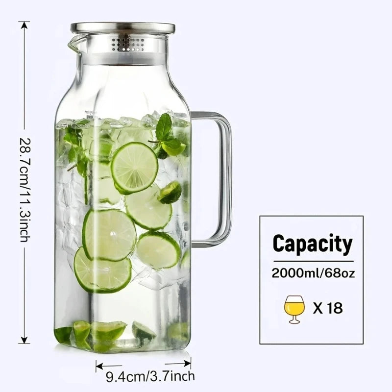 JUSTINLAU 1.2/2L Cold Water Jug High Borosilicate Glass Water Pitcher for Steamed Juice Fruit& Iced Tea Home Kitchen Accessories