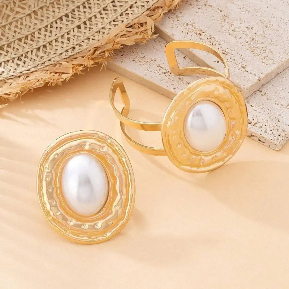 2pcs/set Exaggerated Bracelets Rings Set Irregular Geometric Jewelry Sets Gold Silver Color Elliptical Wide Bracelets