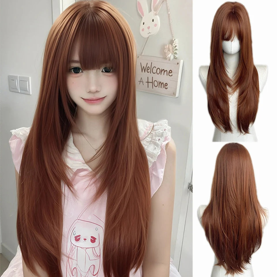Synthetic 30 inch long straight hair wig high-level orange brown full top wig headband suitable for women's daily party wear