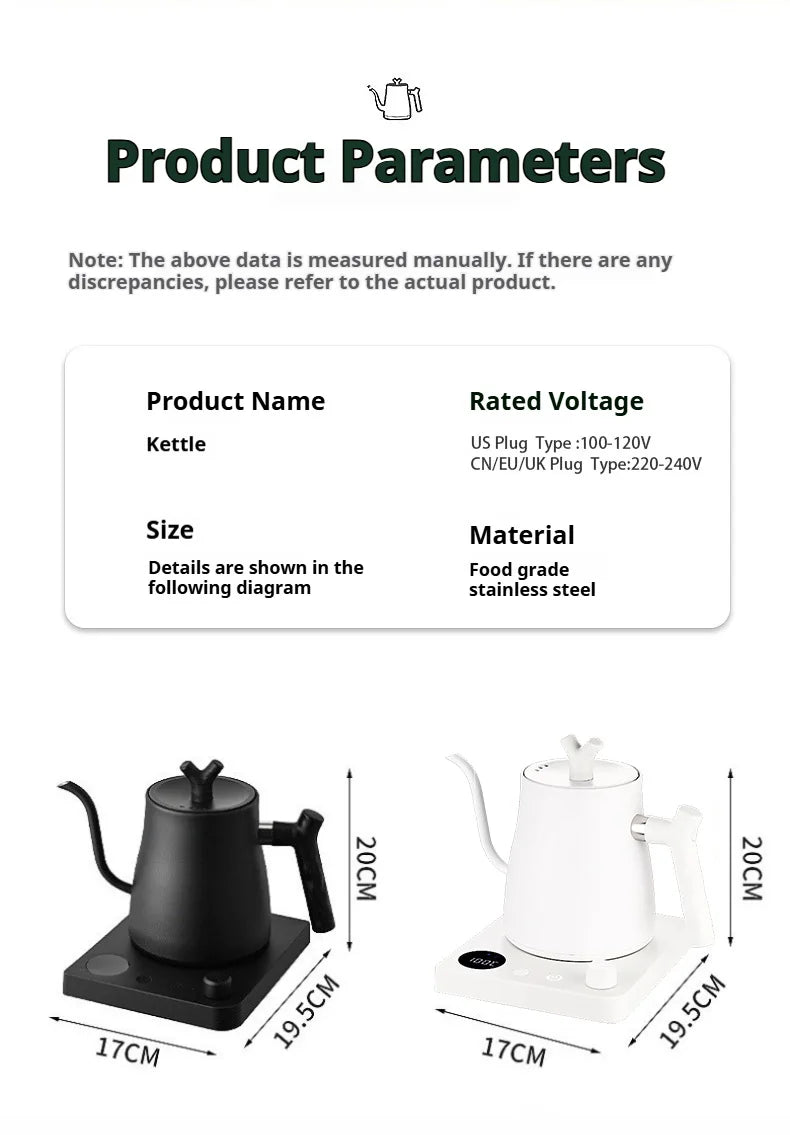 Smart Electric Gooseneck Kettle 1L 1000W, Stainless Steel Pour Over Coffee/Tea, 40-100°C Temp Control, Auto Shut-Off