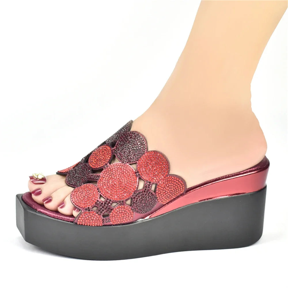 New Fashion Lady Shoes with Rhinestone Crystal Design Open Toe Sexy Nigerian Ladies Shoes Party Wedding Shoes Slippers Pumps