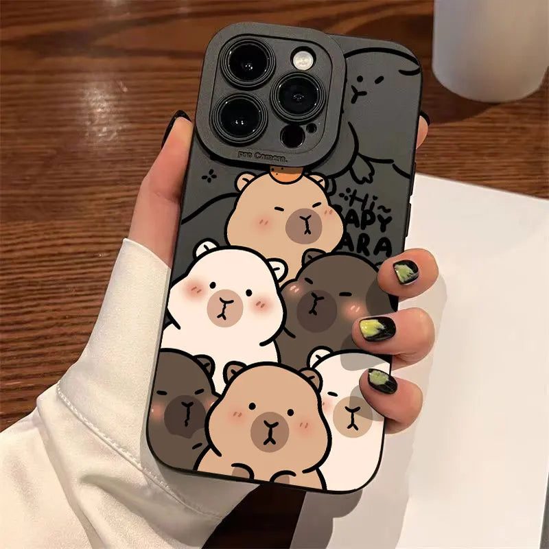 Case For iPhone 17 16 15 14 13 12 11 Pro Max Air XS X XR 16E Cute Capybara Pattern Matte Silicone Camera Lens Portector Cover