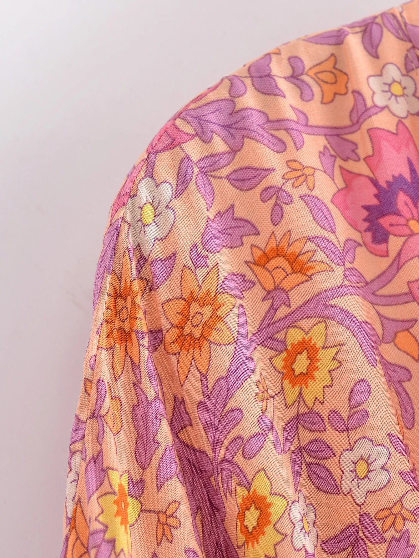 BOHO Women Blue With Pink Flower Print Kimono Shirt Holiday Tide Bow Sashes Mid Long Cardigan Summer Blouse Beach Cape
