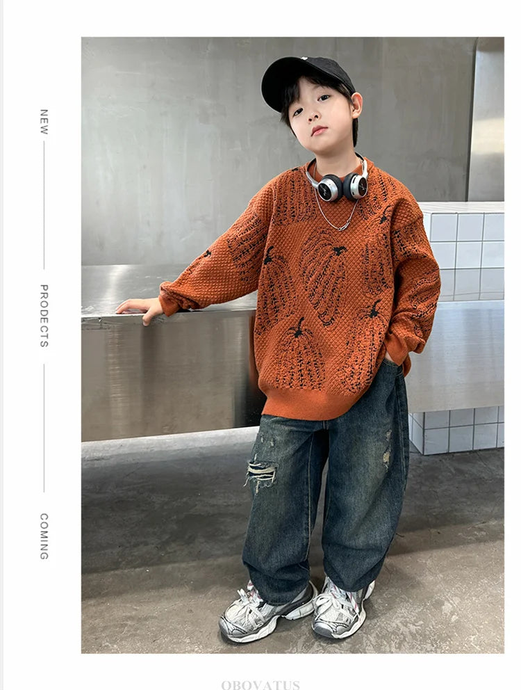Children Halloween Pumpkin Sweater For Boys Fancy Knitted Outfit Clothing Kids Elegant Pullover Knitwear For Teenagers Age 5-14T
