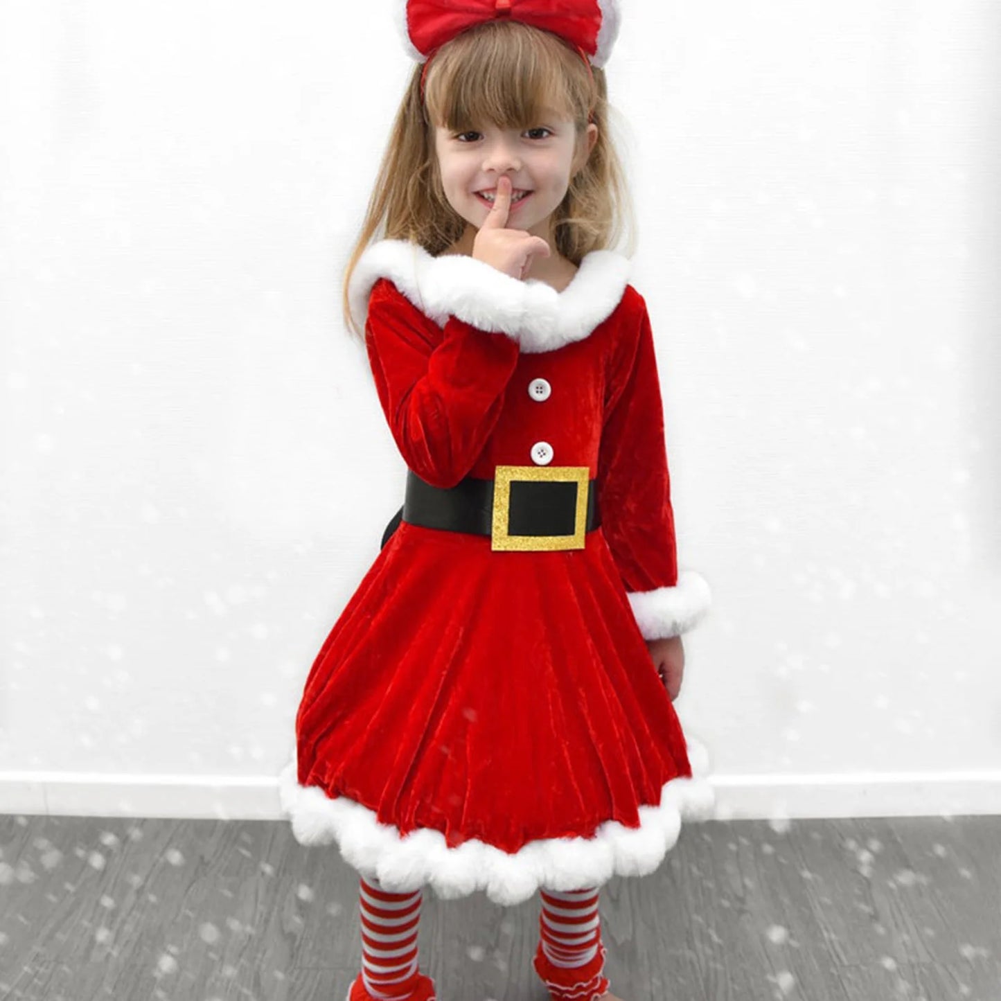 ma&baby 1-6Y 2024 Christmas Toddler Kids Girls Red Dress Plush Ruffle Velvet A-line Party Dresses +Bow Headband Xmas Costumes