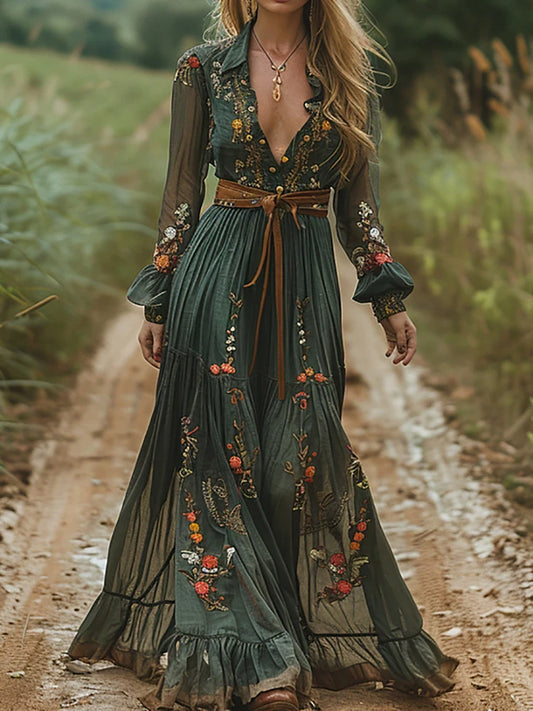 Printing Patchwork Holiday Chic Maxi Dress Women Autumn Long Lantern Sleeve Party Dress 2025 Turn Down Collar Elegant Lady Dress