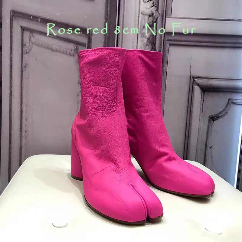 Split Toe Chunky Heels Ankle Boots Women Brand Designer Tabi Short Boots Autumn Winter INS Style Genuine Leather Female Shoes