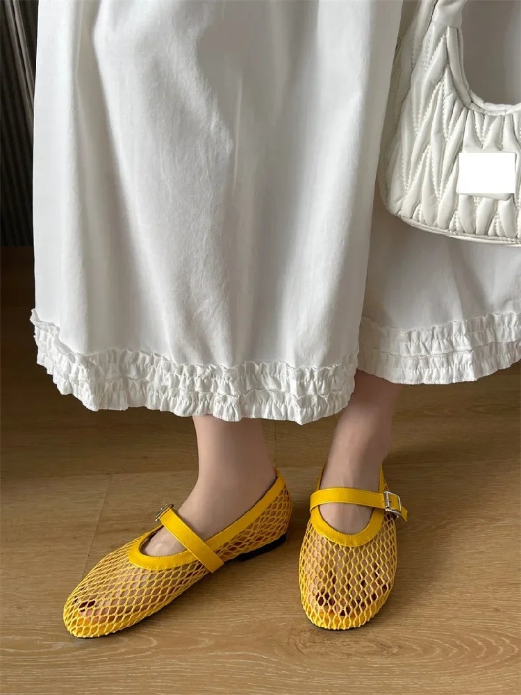 Aneikeh BIG Size 35-43 Jelly Color Fishing Ballet Dance Women's Mesh Buckle Flat Hollow Out Retro Mary Jane Shoes
