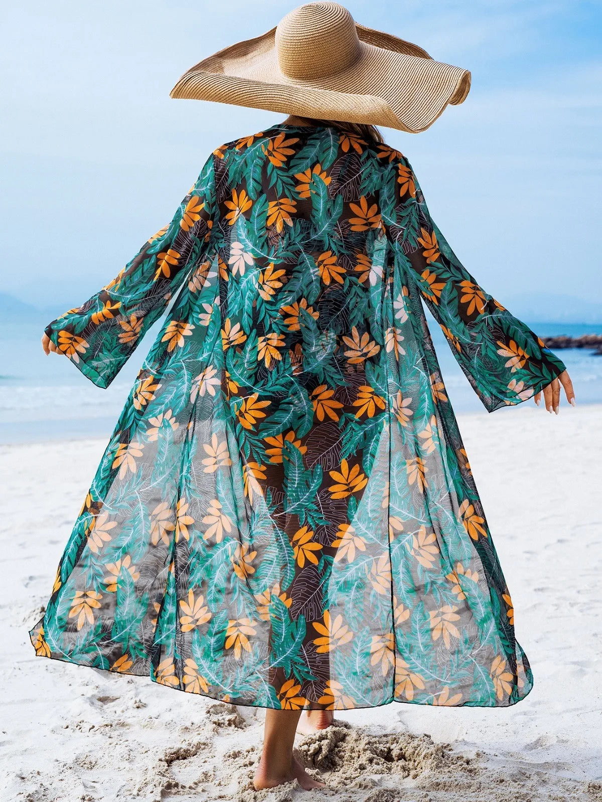 Women 3 Pieces Underwire Floral Bikini Set V Neck High Waist Swimsuit With Long Sleeve Kimono Cover Up Beach Bathing Suit