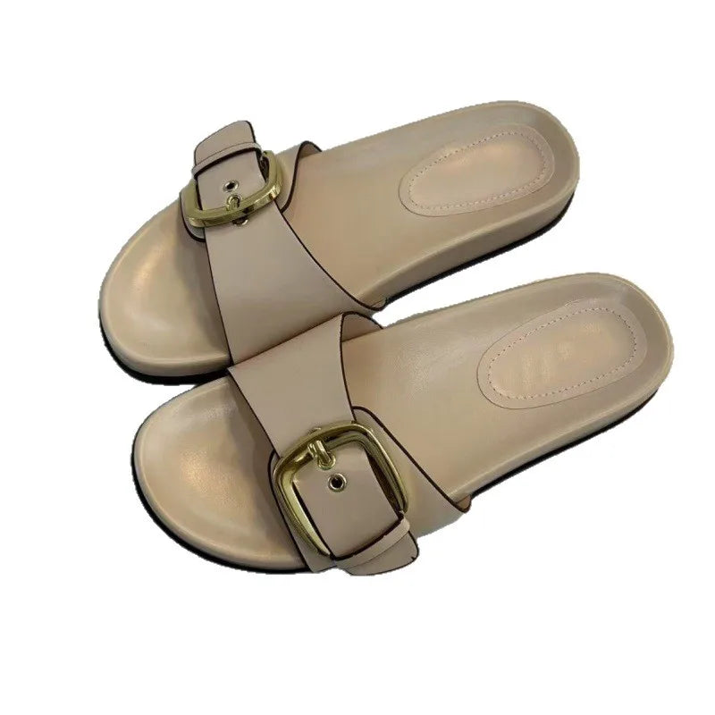 Summer Comfortable Moccasin Flat Sandals Women Sexy Open Toe Buckle Design Brand Beach Slippers Big Size Thick Bottom Slippers