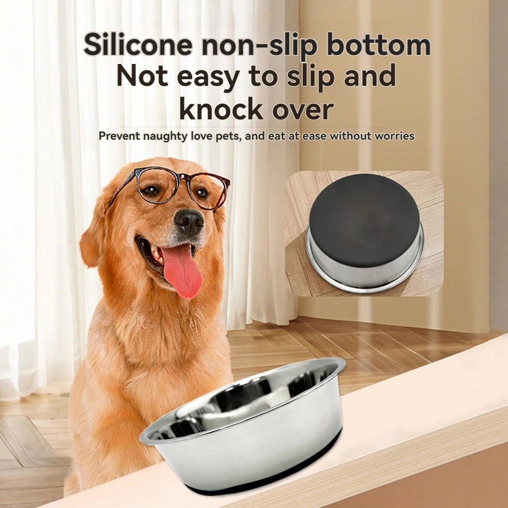 Stainless steel dog bowl, three sizes, with silicone anti slip bottom, durable dog bowl, suitable for small, medium and large