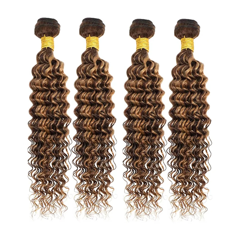 4/27 Deep Wave Highlight Burmese Curly Hair Bundles Honey Blonde Brown Curly Hair Weave 1/3/4 Bundles Deal Virgin Hair Extension