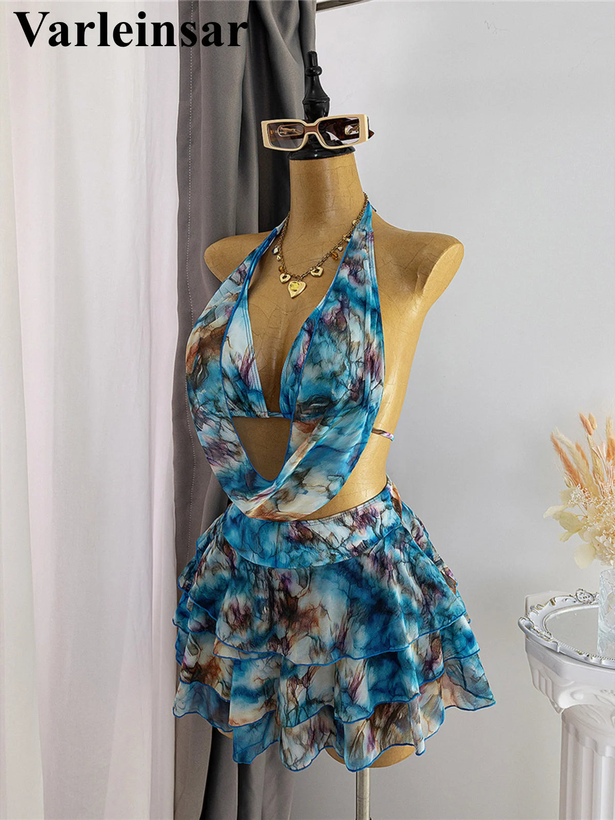 S - XL With Skirt Printed Halter Bikini Female Swimsuit Women Swimwear Three-Pieces Bikini Set Bather Bathing Suit Swim V8184