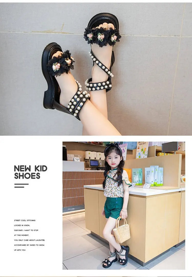 Girls Summer Sandals Soft Bottom Toe-Open Cute Princess Shoes Middle Large Children Little Girls Student Beach Shoes