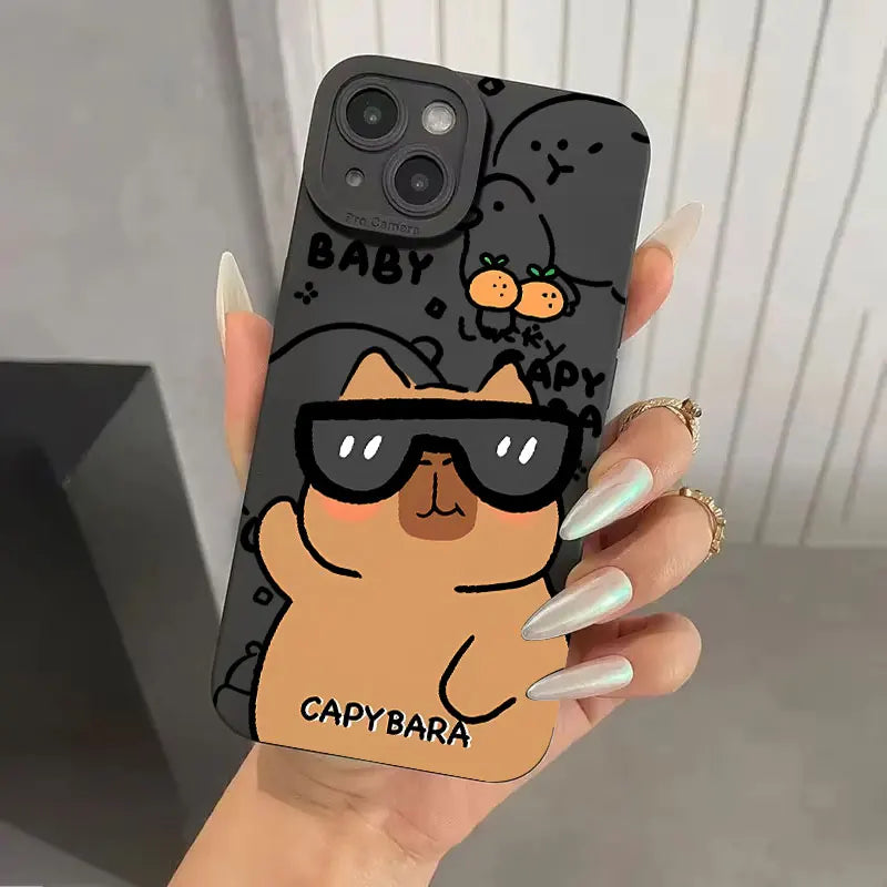 Case For iPhone 17 16 15 14 13 12 11 Pro Max Air XS X XR 16E Cute Capybara Pattern Matte Silicone Camera Lens Portector Cover