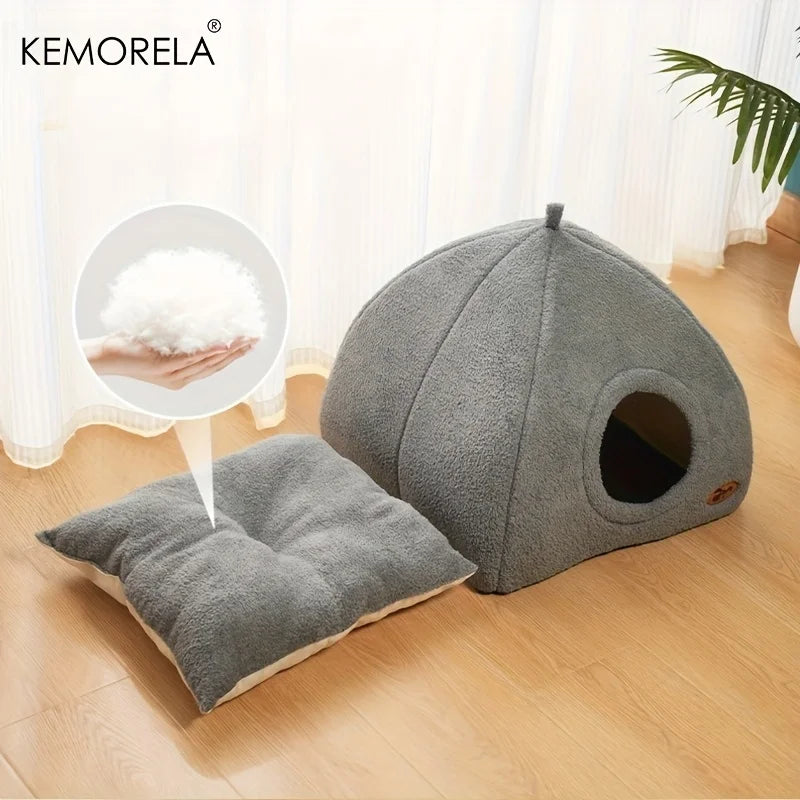2025 Winter Thickened Indoor Cat Bed 2-in-1 Cat House Tent Bed with Detachable and Washable Soft Cushion Pillow, Unassembled