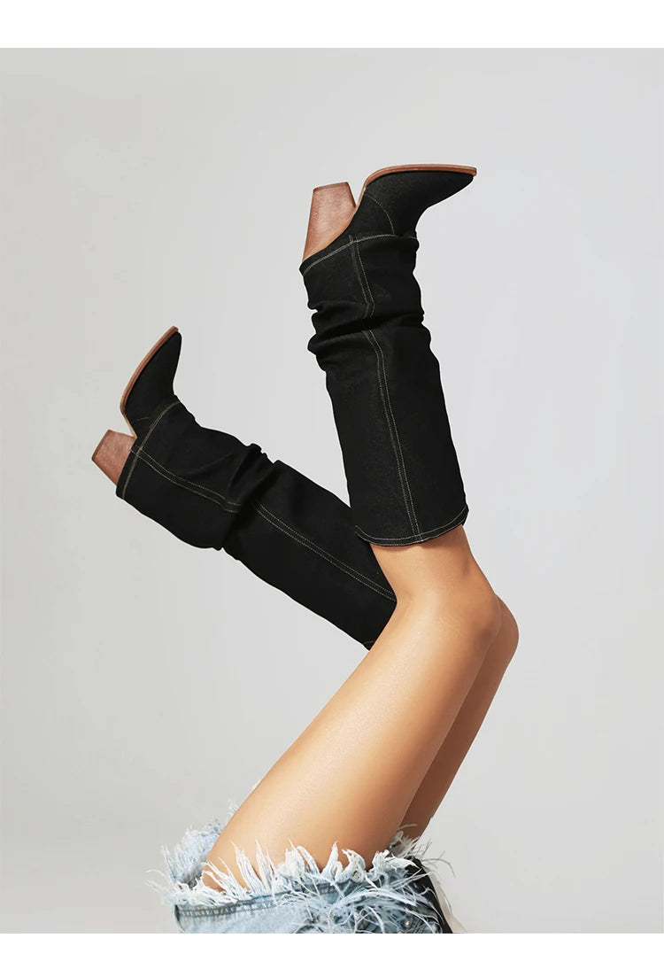 Turned-Over Edge Denim Fashion Sleeve For Women's Knee High Boots Super High Wood Grain Tapered Thick Heel New Winter Boots
