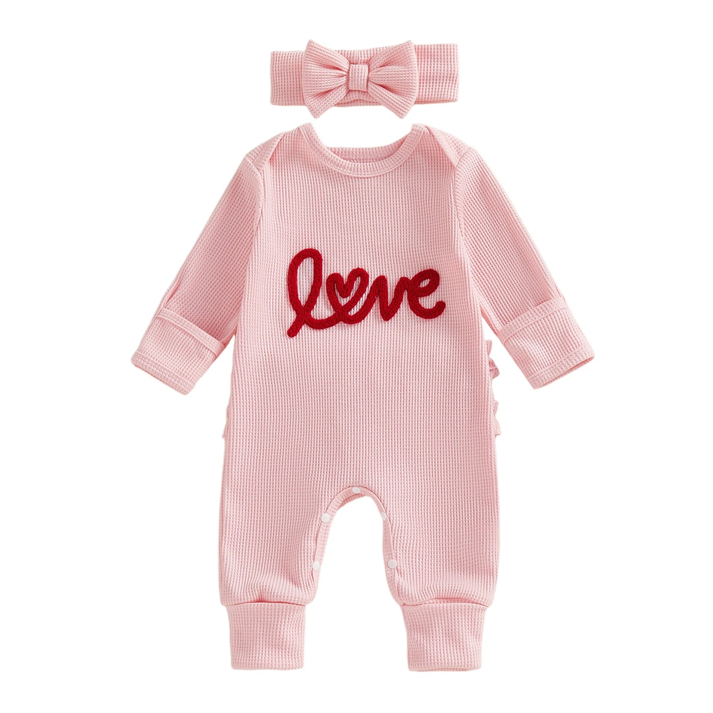 Spring Valentine's Day Infant Baby Girls Bodysuit Waffled Letter Embroidery Long Sleeve Jumpsuit Bow Headband Clothes