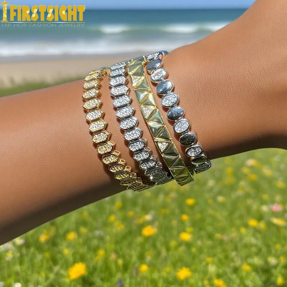 New Iced Out Bling CZ Geometric Stretchy Stretch Double Tennis Chain Bracelet Adjusted Size Bangle For Women Fashion Jewelry