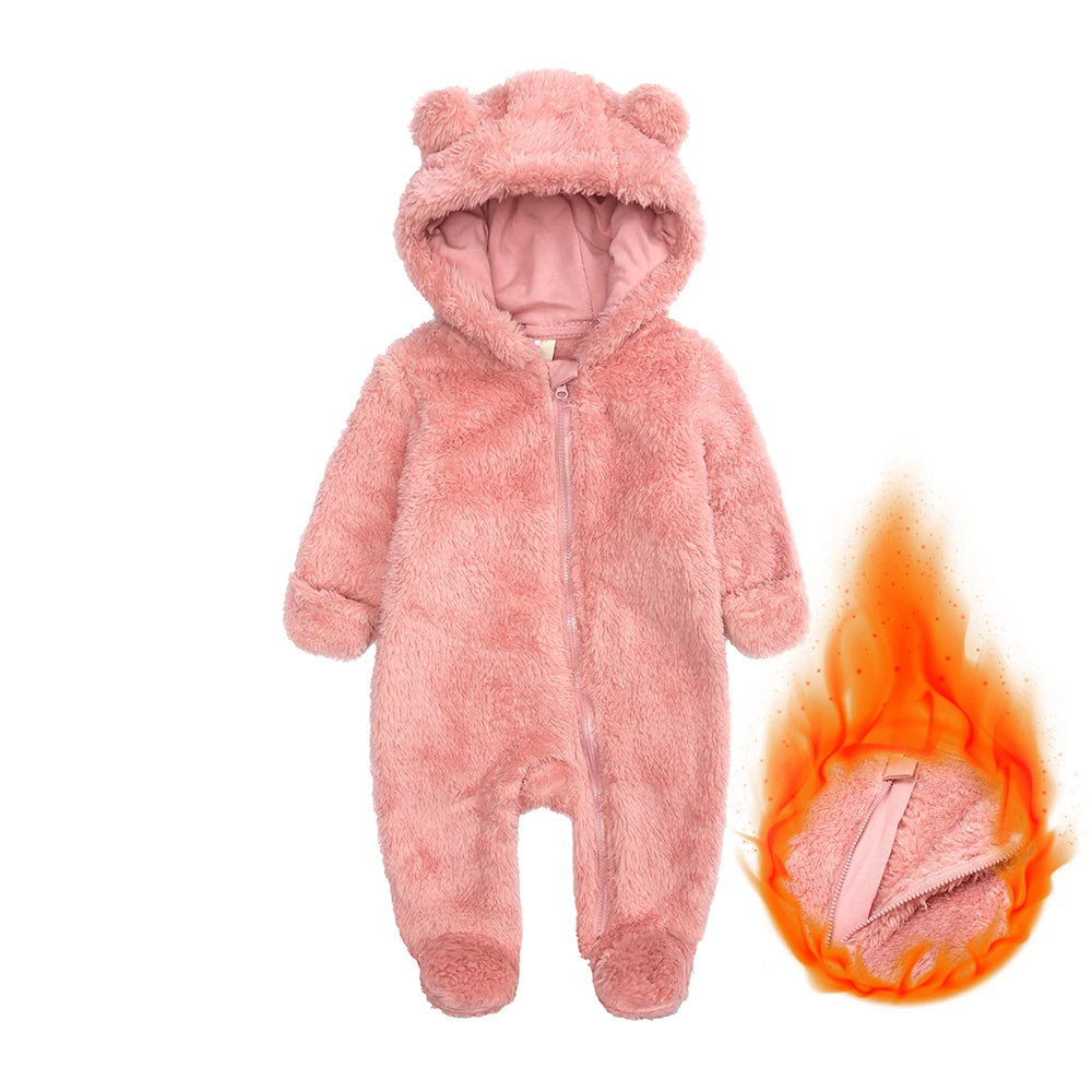 2026 Winter Baby Rompers Infant Fleece Bear Hooded Onesies Newborn Baby Boy Girl Zipper Jumpsuit Bodysuit Pyjamas