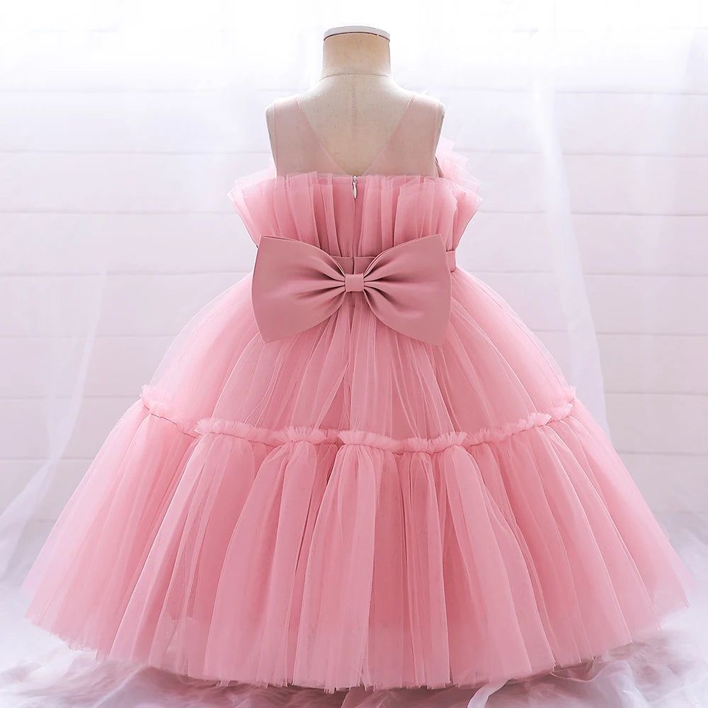 Bow Tulle Baby Baptism Dress For Girls Princess Costume Infant 1 Year Birthday Wedding Party Dresses Toddler Girl Summer Clothes