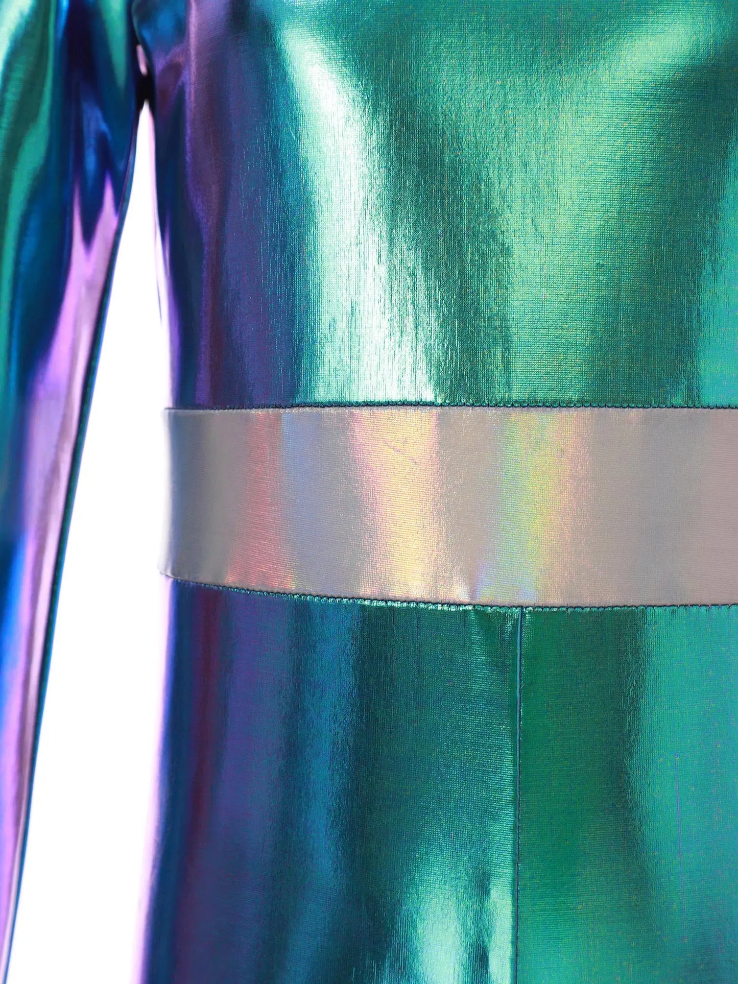 Kids Boys Girls Halloween Carnival Alien Cosplay Performance Costume Long Sleeve Metallic Shiny Space Jumpsuit with Hair Hoop