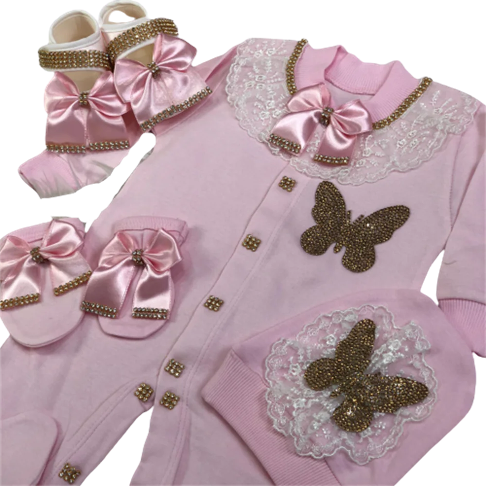 Dollbling Butterfly Jewelry Crown Gift Clothing Sets Welcome Home Lace Baby Rompers Mittens Bonnet Pajamas Outfit 4pcs Layette