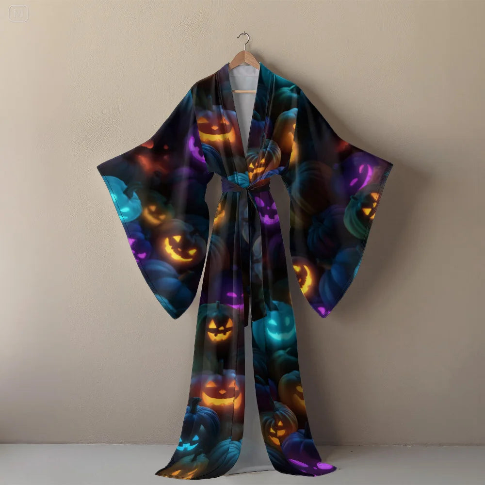 Halloween Sexy V-Neck Robe with Ghost Print High Slit & Bat Sleeves Kimono - Women's Party Costume Funny Cool Cosplay Wear