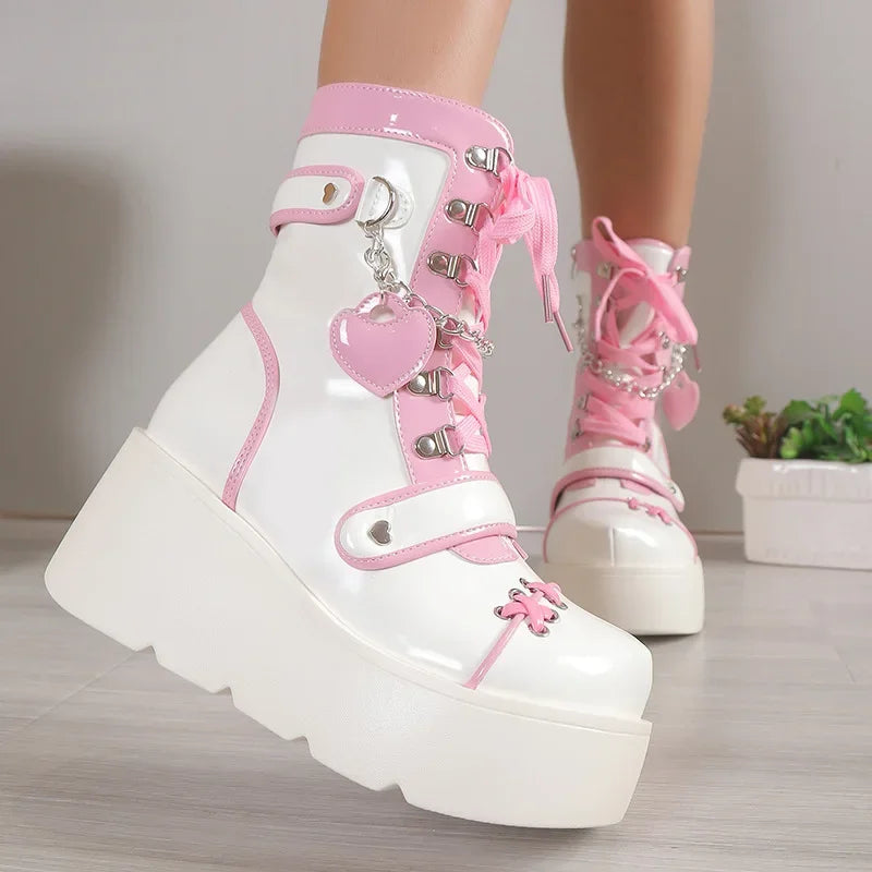 Women Punk Gothic Motorcycle Boots Autumn New Platform Chunky High Heel Ankle Boot Ladies Cool Wedge Woman Black Female Shoes