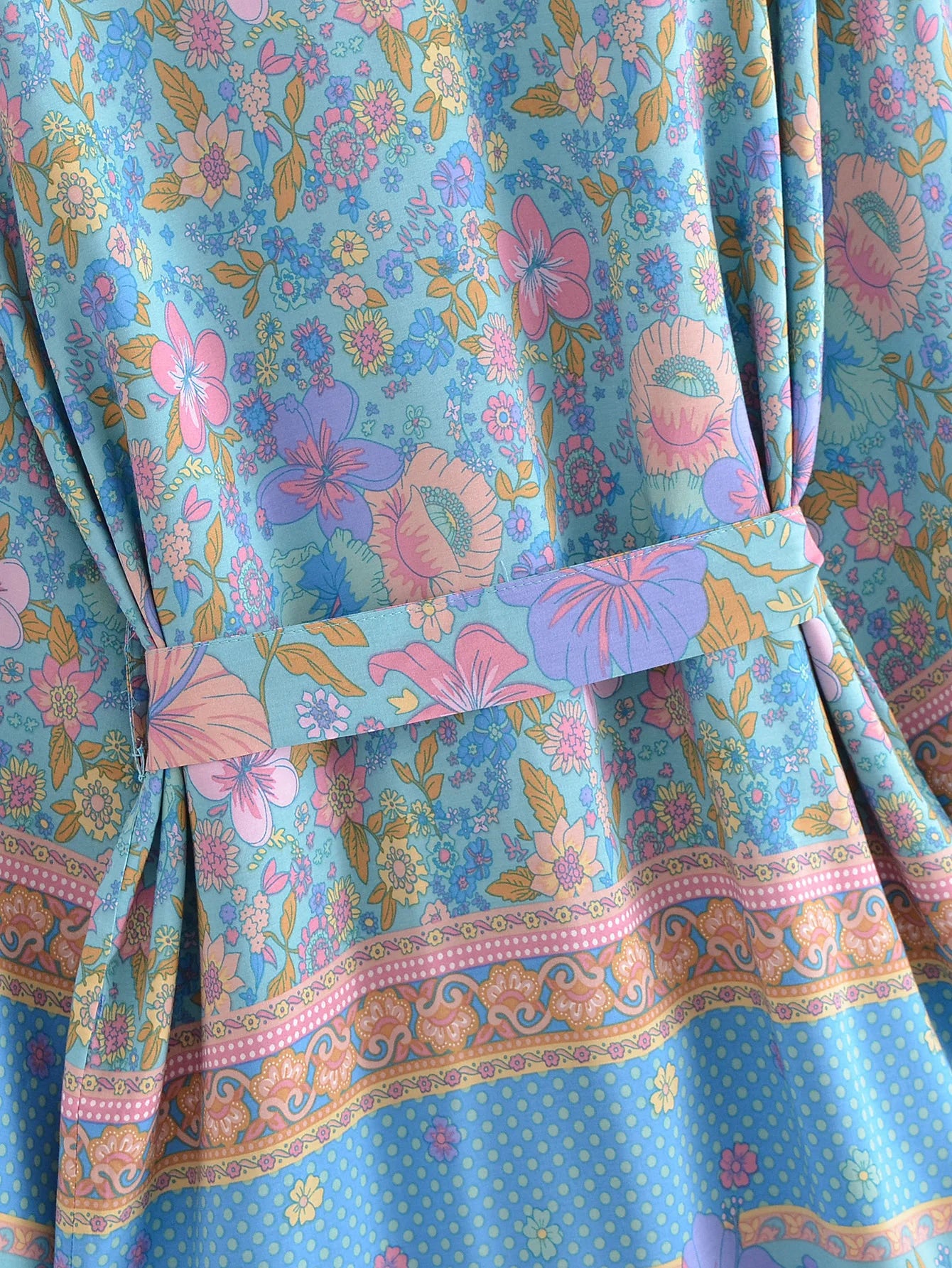 BOHO Women Blue With Pink Flower Print Kimono Shirt Holiday Tide Bow Sashes Mid Long Cardigan Summer Blouse Beach Cape