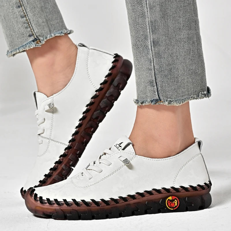 Print Fashion Sneakers Women Hand-stitching Leather Casual Shoes Design Platform Loafers Breathable Flats Shoe Driving Plus Size