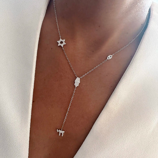 Lucky Cute CZ Star Eye Hand Chai Charm Lariat Y Necklace Amulet Judaism Sign of Life Gold Color Women Jewelry