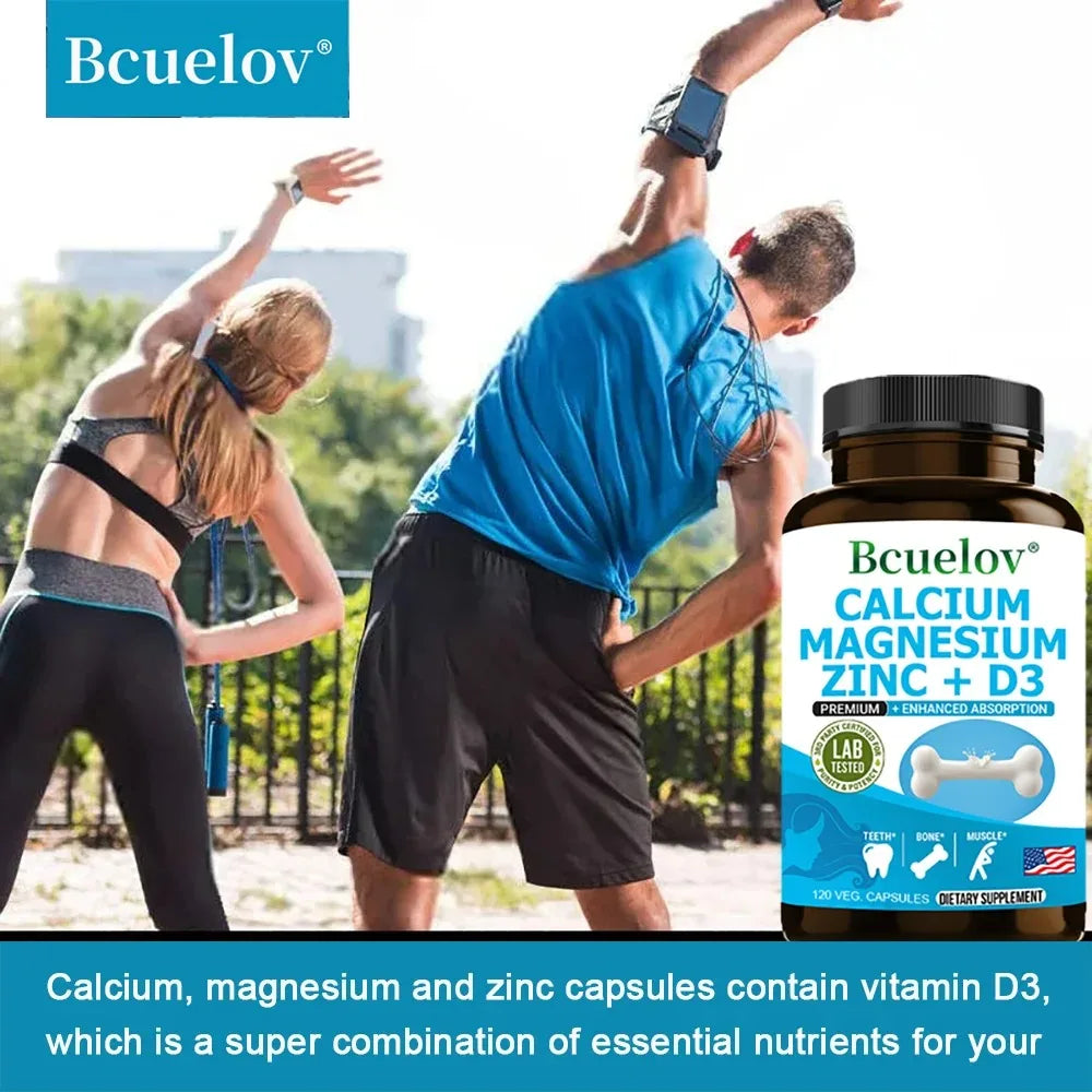 Calcium + Magnesium + Zinc + Vitamin D3 Capsules - Supports Bone and Nervous System Health and Improves Mood