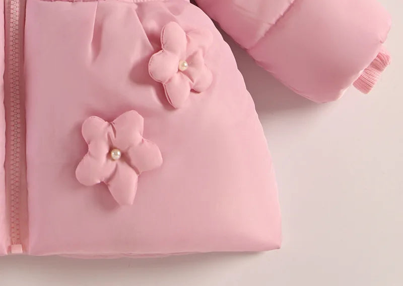 1-5 Years Flowers Autumn Winter Girls Jacket Fur Collar Keep Warm Little Princess Coat Hooded Zipper Baby Outerwear Kids Clothes