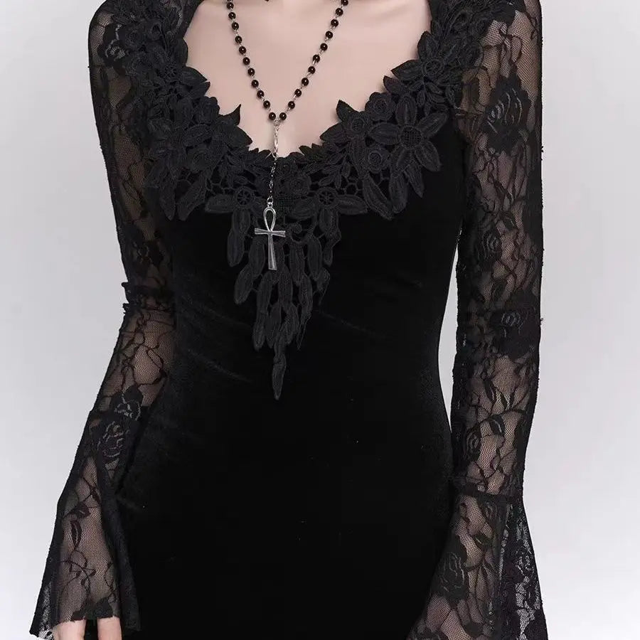 Winter Gothic Black Midi Dress Women Lace Veil Cross Decor Long Sleeve Slim-Fit Party Dress Female Halloween Cosplay Outfit 2025