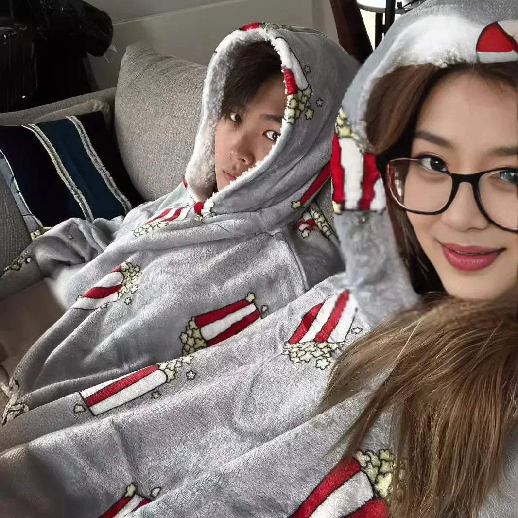 Creative Couple Matching Hooded Romper Sweatshirts Spring Summer New Style Close Knit Popcorn Print Intimate Pajamas
